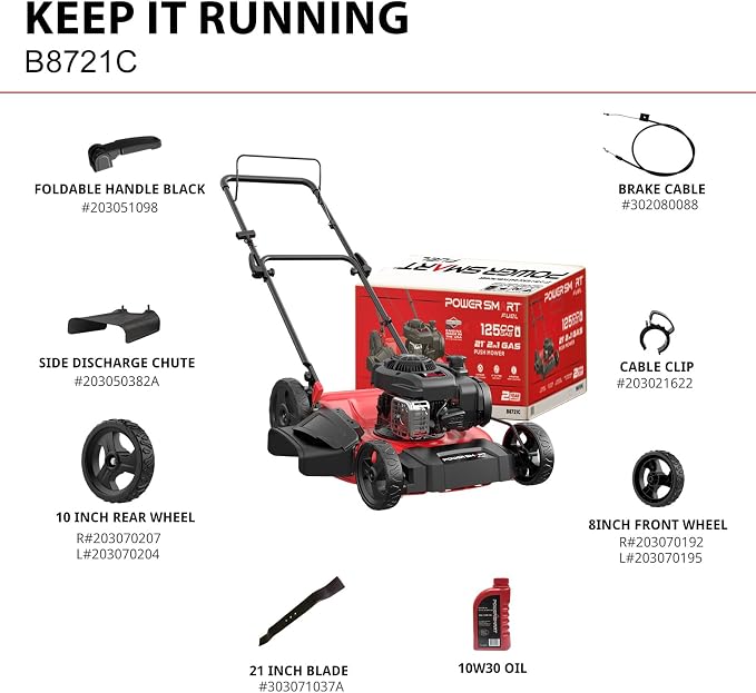 PowerSmart 21 in. Gas Lawn Mower with 125cc Briggs and Stratton E300 Engine, 2-in-1 Push Mower with Mulching & Side-Discharge, 6-Point Height of Cut