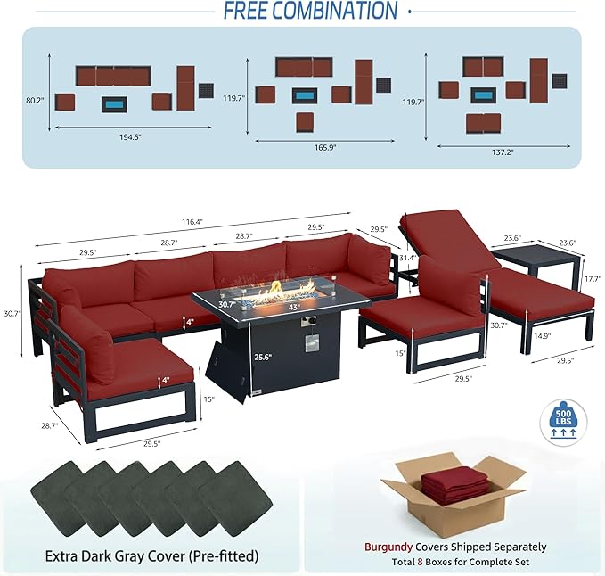 NICESOUL 7 Person Modern Aluminum Outdoor Patio Furniture Set with Chaise & Firepit Table, 29" Wide Deep Seating, Water Resistant Modular Sectional Couch, Large Conversation Set for Poolside Deck, Red