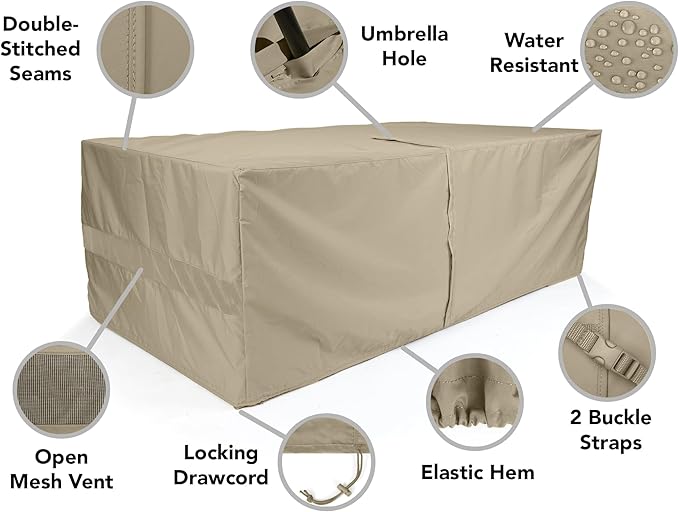 Covermates Elite Outdoor Rectangular Dining Table Cover – All-Weather Polyester, Mesh Vents, Adjustable Drawcord & Buckle Straps, with Umbrella Hole 72W x 42D x 25H, Khaki