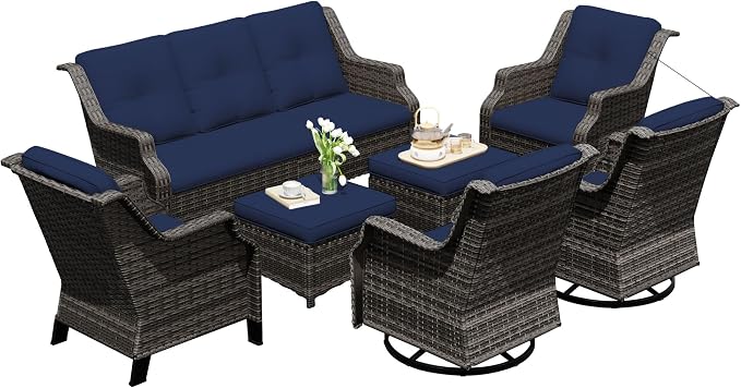 7 Pieces Patio Furniture Set, Outdoor Furniture Set with 2 Patio Swivel Rocking Chairs, 2 Patio Wicker Chair, 2 Ottoman, 1 Outdoor Wicker Sofa, Ideal for Backyard, Garden, Poolside, Blue