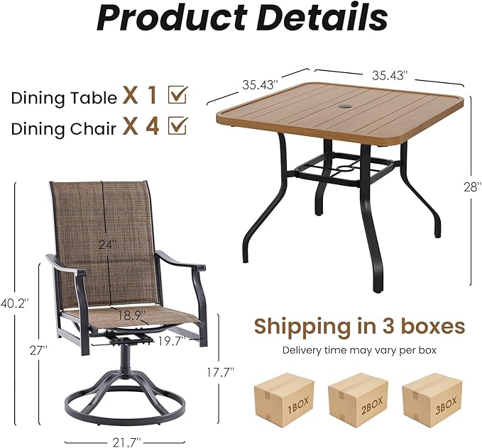 Soohow Patio Dining Set for 4, 5-Piece Outdoor Dining Set 4 x Swivel Patio Chairs and 35"x35" Outdoor Dining Table with 1.57" Umbrella Hole, Wood-Like, for Poolside, Backyard