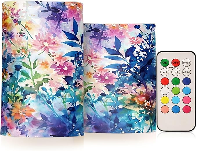Watercolour Blue and Pink Flowers Flameless Candles Color Changing LED Candles with Remote Control Battery Candles for Outdoor and Indoor Home and Room Decoration, 3'' x 4''/5'' Set of 2 Pieces