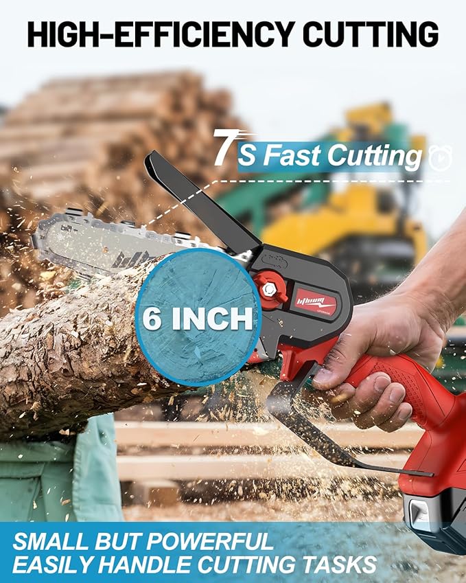 Fostex Mini Chainsaw Cordless, 6 Inch Handheld Electric Chain Saw, 2×2 Ah Batteries & 2 Chains, Lightweight Small Tree Trimmer for Wood Cutting, Yard & Garden, Ideal Gift for Dad, Men & Women (Red)