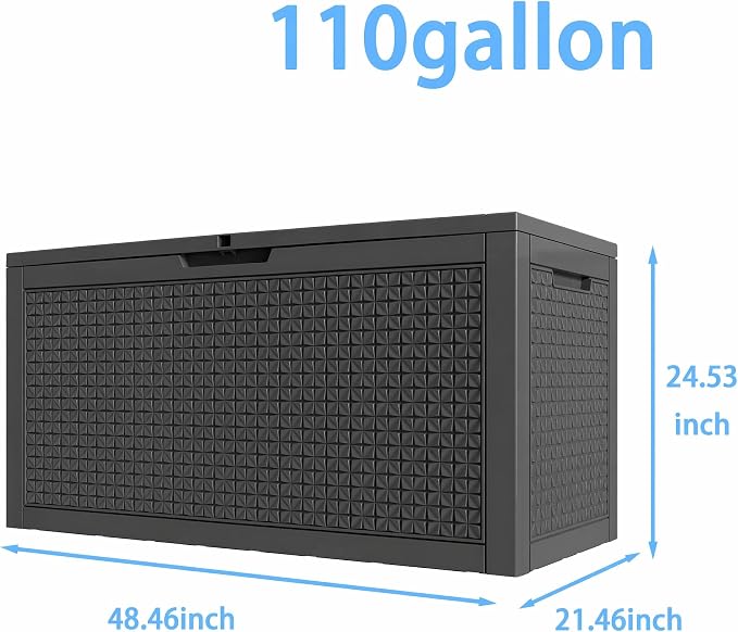 110 Gallon Outdoor Deck Storage Box, All Weather Diamond Woven Textured Lockable Storage Bin for Poolside, Patio & Backyard Large Outdoor Storage (Black,110GAL)