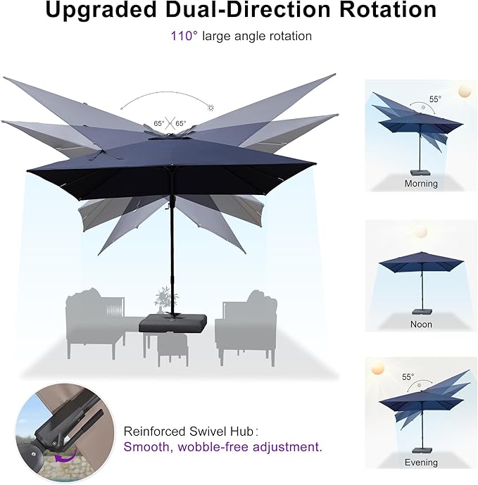 PURPLE LEAF 10' X 6.5' Swivel Outdoor Patio Aluminum Umbrella with Base Left-right Tilting Cantilever Offset Umbrella with UV Resistant Heavy Duty Fabric for Deck Pool Patio Backyard, Ocean Slate