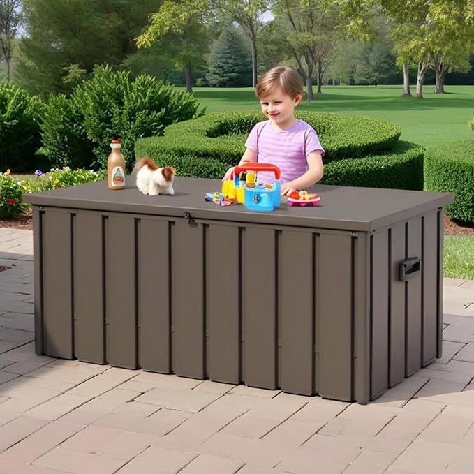 150 Gallon Metal Deck Box, Outdoor Storage Box Waterproof with Wheels, Lockable Storage Container for Patio Furniture Cushions Garden Tools, Dark Brown