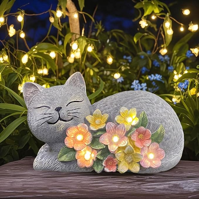 Solar Cat Outdoor Statue, Resin Solar Cat Lights with Flower for Outside, Garden Cats Figurine for Lawn Porch Yard Art - Birthday Gifts for Mom Grandma Women
