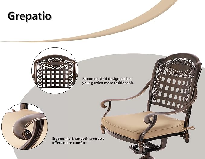 Grepatio 9 Piece Cast Aluminum Patio Furniture Set Outdoor Dining Set Bistro Furniture Set with 8 Swivel Chairs and Dining Table with Umbrella Hole, Cushions for Backyard Garden Poolside (Grid Khaki)