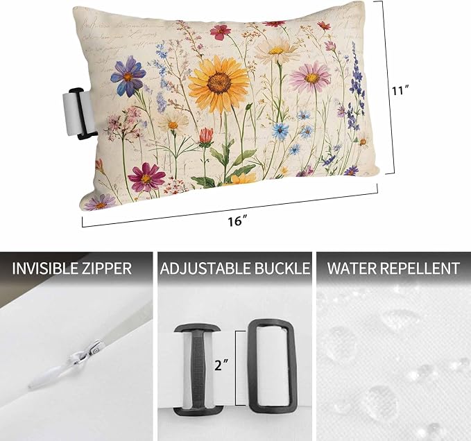Spring Floral Outdoor Lumbar Pillows 11x16 Set of 2, Vintage Pastoral Rustic Botanical Flowers Waterproof Throw Pillow Covers with Insert, Decorative Pillowcase Cushion for Couch Sofa Bed