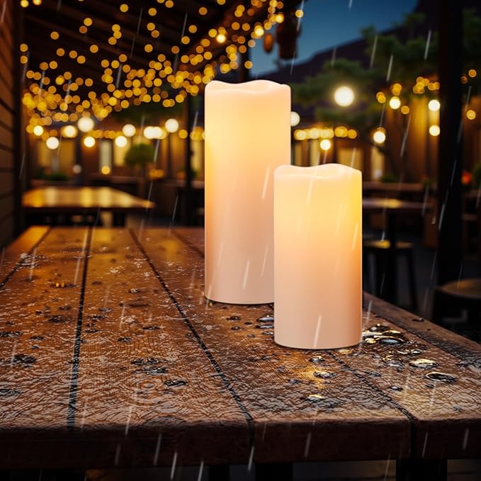 Eldnacele Large Outdoor Solar Flameless Candles Waterproof, 4" x 8" 10", Solar Powered Dusk to Dawn Plastic LED Flickering Pillar Candles Garden Patio Lanterns Wedding Holiday Decor(2 Pack White)