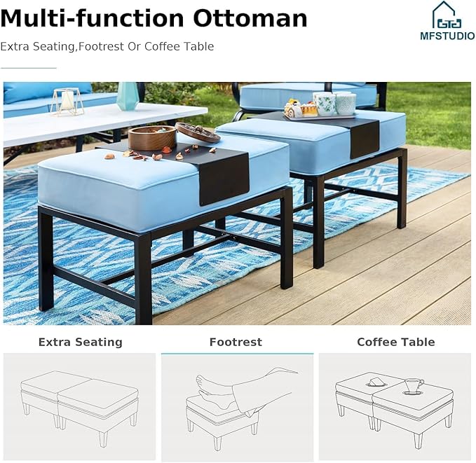MFSTUDIO 8 Pieces Patio Furniture Sets with 45" Gas Fire Pit Table(Up to 9 Seat),Outdoor Metal Conversation Sofas with 1 x 3-Seat Sofa, 2 Single Chairs,2 Rocking Chairs and 2 Ottoman,Blue Cushion