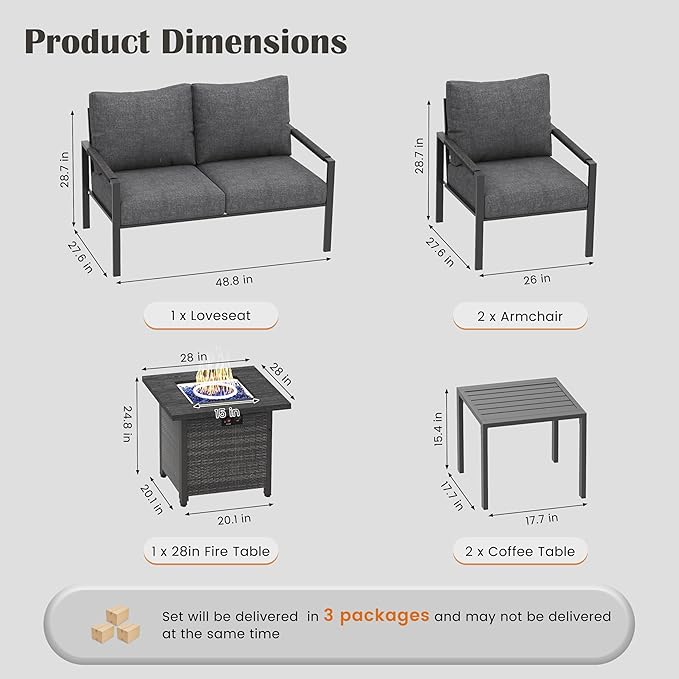 6 Pieces Rattan Outdoor Furniture Set, All-Weather Patio Conversation Set with Dark Grey Cushions, Coffee Tables and 28" Fire Pit Table