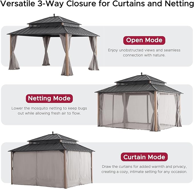 SUNJOY Kingston 14' x 12' Hardtop Gazebo with Curtain, Netting and Galvanized Steel Double Roof, Woodgrain Finish Aluminum Posts Permanent Pavilion Gazebo for Garden, Patio, Deck, Lawn