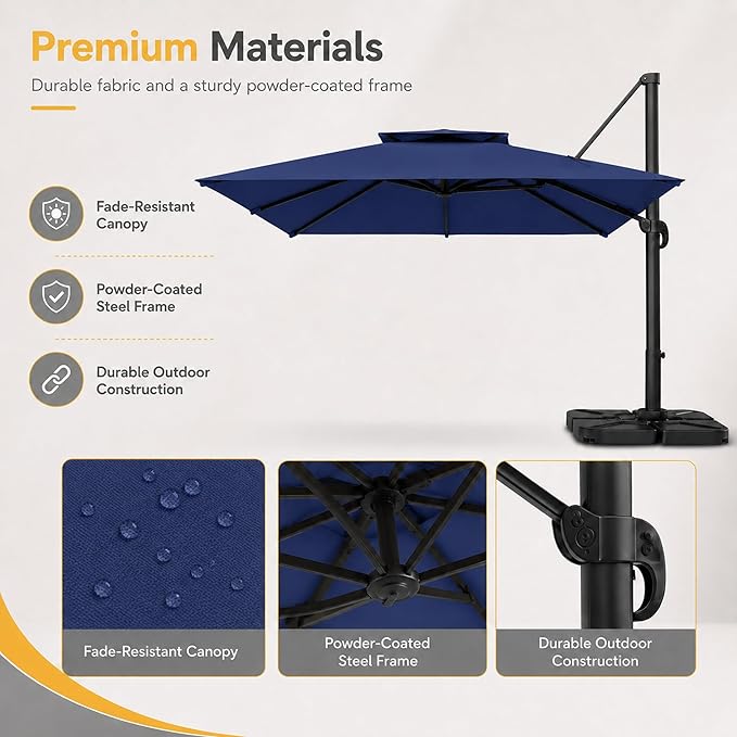 10FT Cantilever Patio Umbrella with Solar Lights, Large Outdoor 2 Tier Aluminum Offset Square Umbrellas 360 Degree Rotation for Garden Deck Pool