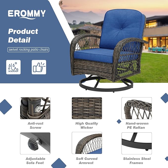 EROMMY 5 Pieces Outdoor Swivel Rocker Patio Chairs, 360 Degree Rocking Patio Conversation Set with Thickened Cushions, Glass Coffee Table and Ottomans for Backyard, Navy Blue