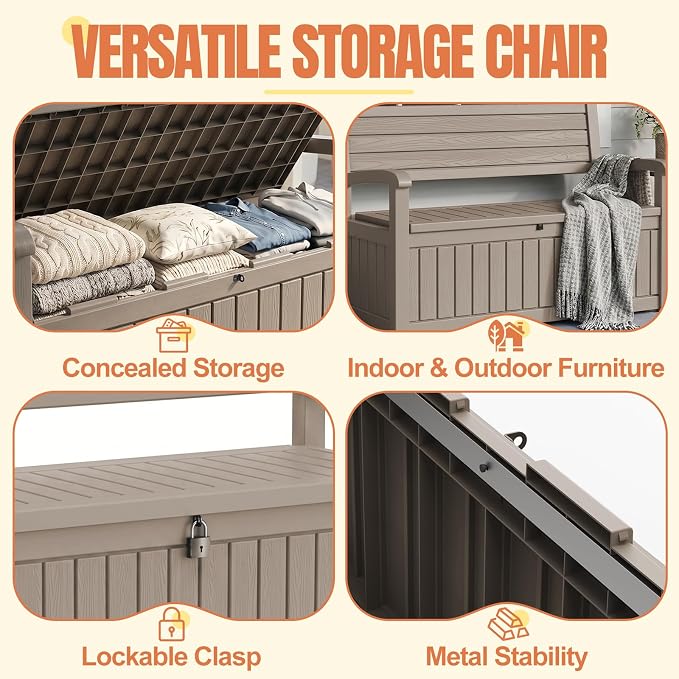 Storage Bench Outdoor Deck Box,100 Gallon Waterproof & UV Resistant Lockable Patio Furniture Seating.Indoor/Outdoor Shoe Storage Cabinet for Garden Cushions,Tools,Patio,Pool Supplies(Taupe)