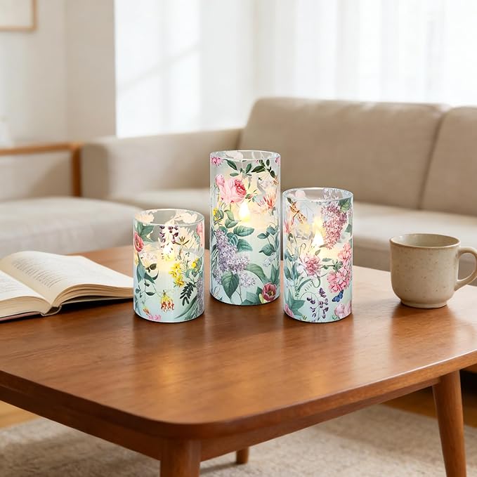 Silverstro Floral Flameless Candles with Remote Timer, Pink Rose and Lilac Pattern LED Glass Candles, Battery Operated for Home Party Wedding Christmas Spring Valentine's Day Decor, Set of 3