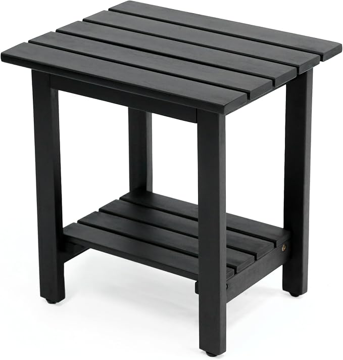 JONATHAN Y Kellie 16" Modern Black Acacia Wood Outdoor Side Table with 2-Tier Storage, Weather-Resistant Rectangular Slatted End Table for Patio, Garden, Deck, and Porch END6001B
