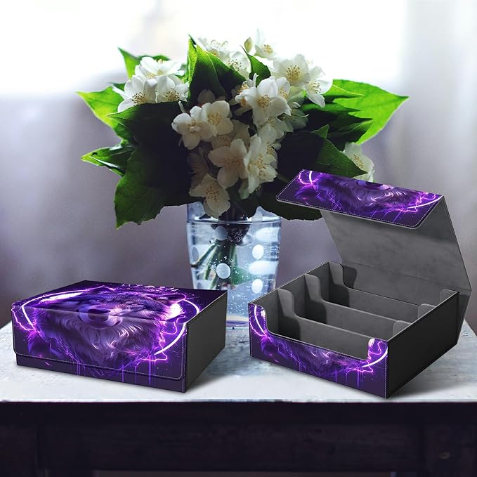 Large Card Deck Box for MTG, Fits 1200+ Sleeved Cards, PU Leather Storage Case with Strong Magnetic Closure, Multiple Colors for TCG CCG Baseball Card Collections, Cool Wolf Purple