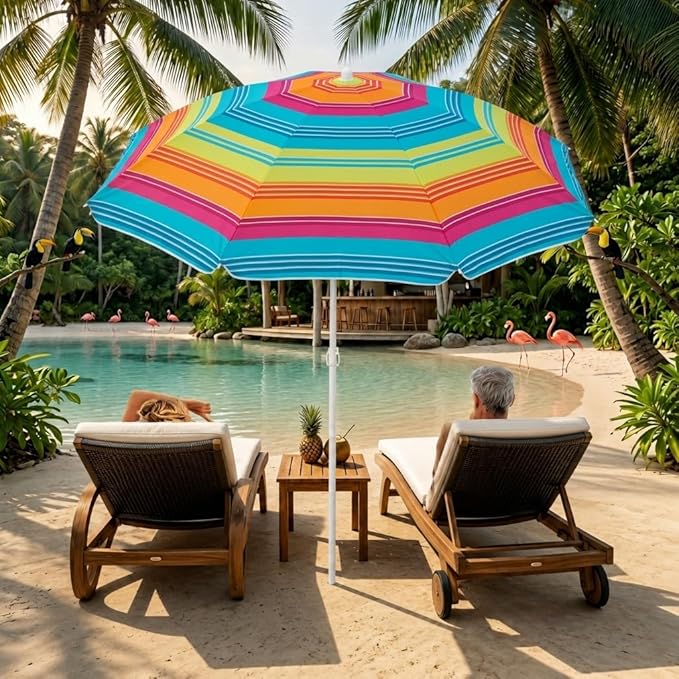 PMU 24 Pcs 6ft Multicolored Beach Umbrella – Vibrant Rainbow Stripe Design, 72in Open, 160G Polyester, Large Outdoor Patio Pool Parasol Umbrella for Garden, Deck, Backyard & Pool