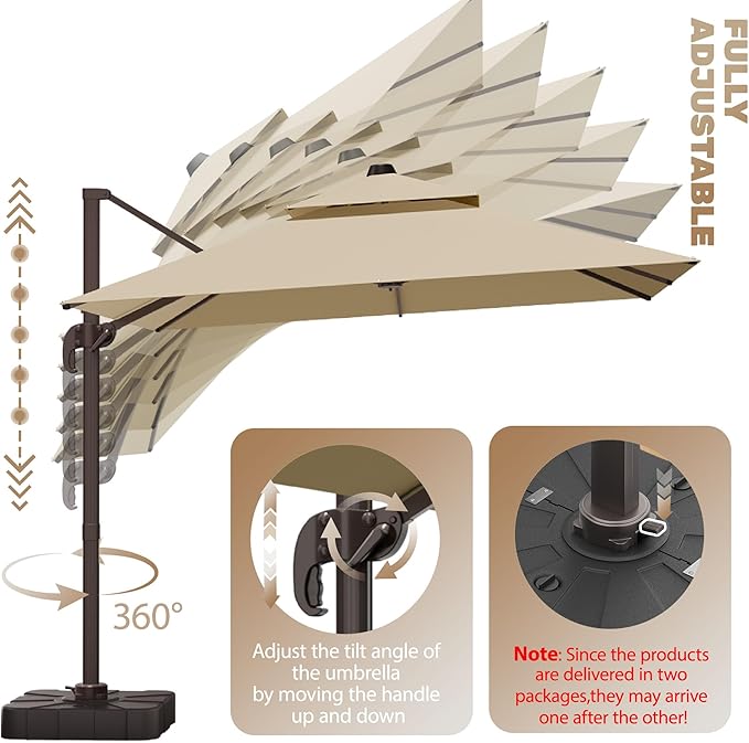 10x10Ft Patio Umbrella Outdoor Cantilever Rectangle Umbrella with Base Included, 6-Level Tilt & 360° Rotation Offset Umbrella for Garden, Deck, Pool(Beige)