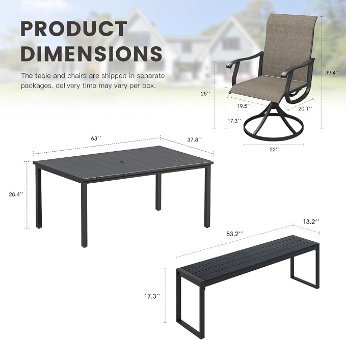 6 Pieces Outdoor Dining Set, Patio Table and Chairs Set with 53" Garden Bench for 6-7 People, 63" Outdoor Dining Table and Swivel Patio Chairs for Deck Backyard, Mixed Brown and Black