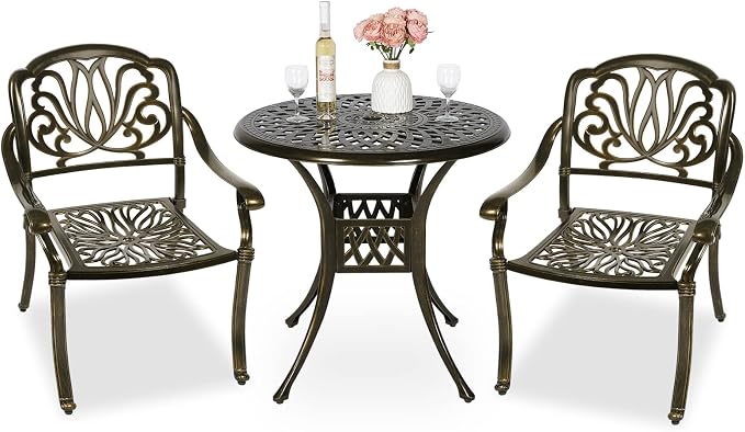 MEETWARM 3 Piece Patio Bistro Set, Outdoor All-Weather Cast Aluminum Dining Furniture Set Includes 2 Chairs and a 31” Round Table with Umbrella Hole for Garden Deck