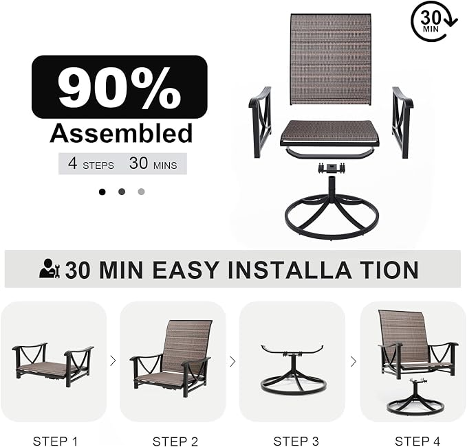 Gotland Patio Swivel Chairs Set of 4, Outdoor Dining Chairs with Breathable Teslin Seat Cushion & Backrest, 360° Outdoor Swivel Chairs with Metal Frame, Patio Dining Chairs for Deck Garden Brown