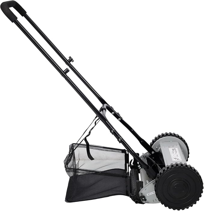 14-Inch 5-Blade Push Reel Lawn Mower with Grass Catcher, Adjustable Height 0.6-1.8 Inch, Manual Hand Push Mower with Heat-Treated Alloy Steel Blades, Gas-Free Grass Cutter, Gray