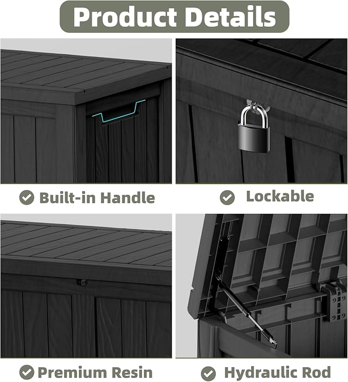 Outdoor Storage Deck Box, Large Patio Container for Garden Tools, Cushions and Yard Accessorie.Lockable Waterproof Resin Weatherproof Storage Container (Black, 180 Gallon)
