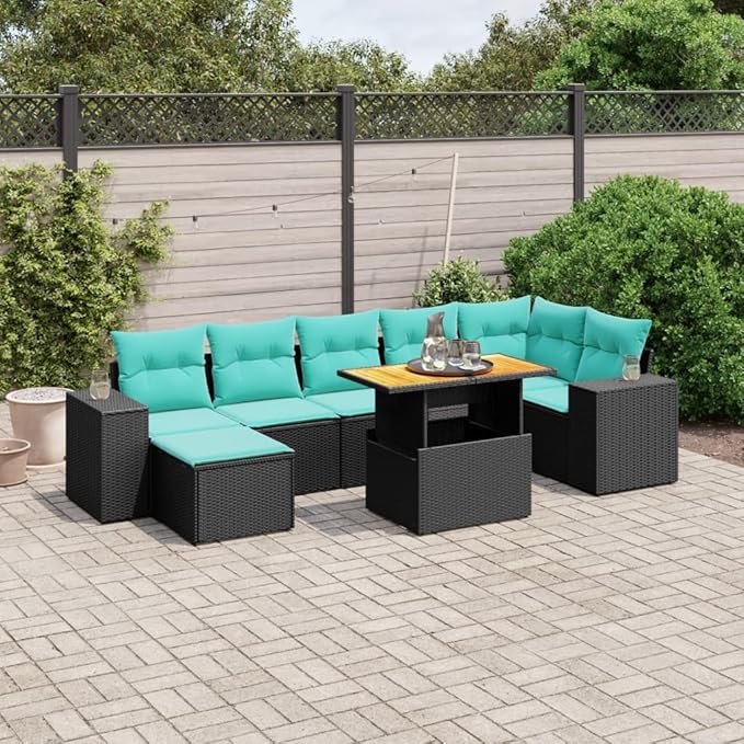 vidaXL Patio Sofa Set with Cushions 8 Piece, Outdoor Conversation Set, Sectional Sofa for Balcony Garden, Modern Style, Black Poly Rattan