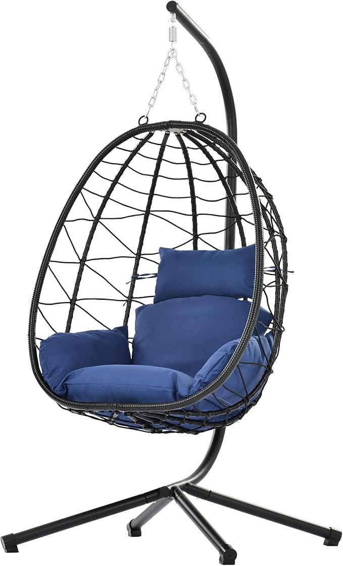 Hanging Egg Chair with Stand, Comfy Indoor/Outdoor Rattan Swing Hammock Chairs, 350lbs Capacity for Patio, Bedroom, Garden (Navy Blue)