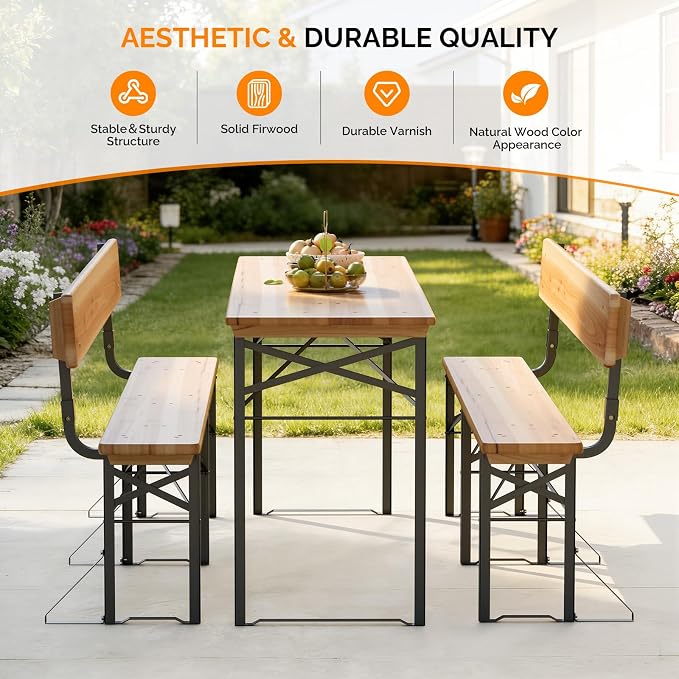 VINGLI 70 Inch Folding Picnic Tables and Chair Set with Backrest Bench, Weather-Resistant Wooden Beer Garden Table Bench, 3-Piece Portable Fold Up Camping BBQ Table,Natural Wood Color