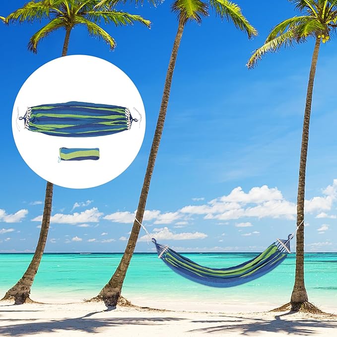 BESTonZON Extra-Wide Striped Canvas Camping Hammock with Anti-tip Duckbill Buckle, 2-Person Outdoor Garden and Travel Hammock with 150kg Load Capacity for Backyard and Hiking