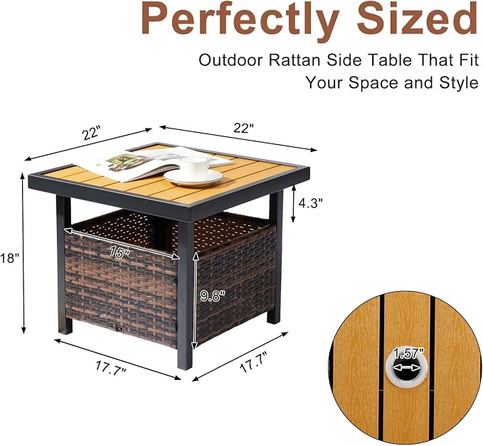 Outdoor Patio Umbrella Stand Table, All Weather Small Wicker Side Table with Umbrella Hole, 22 in Rattan Base Table (Yellow)