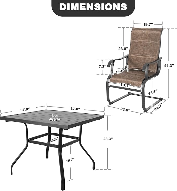 NUU GARDEN 5 Piece Outdoor Dining Set, 4 All Weather Outdoor Padded Textilene Patio Chairs and 37" Square Dining Table with 1.57" Umbrella Hole, for Backyard, Patio, Garden, Brown and Black