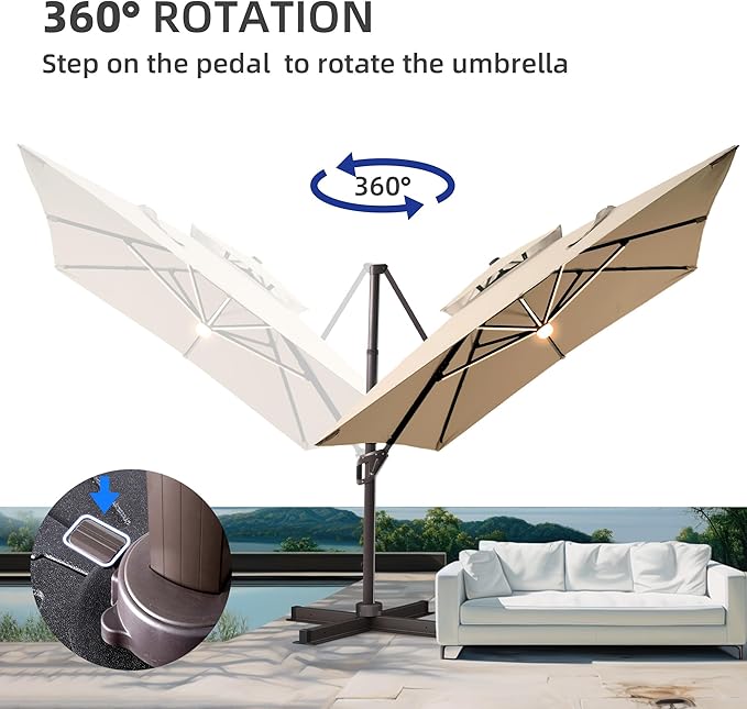 10 X 13 FT Cantilever Patio Umbrella with Led Lights Heavy Duty Windproof Double Top Large Rectangle Offset Umbrellas with 360-degree Rotation for Garden Pool Deck Backyard, Beige