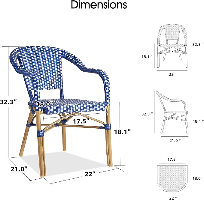 PURPLE LEAF 7 Pieces Patio Dining Set Outdoor Furniture Set with Aluminum Rectangular Table and French Bistro Arm Chairs for Garden Dinner Kitchen Set Gray Bamboo Finish Deep Blue