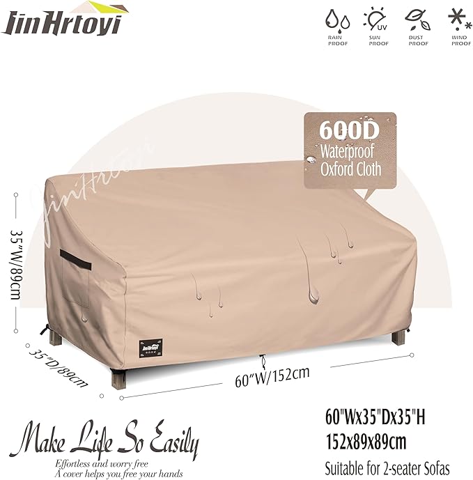 2-Seater Patio Loveseat Cover, 60Wx38Dx35H inches Outdoor Furniture Covers Waterproof,100% Waterproof Heavy Duty Patio Furniture Covers,Light Brown Minimalism Style Outdoor Sofa Cover
