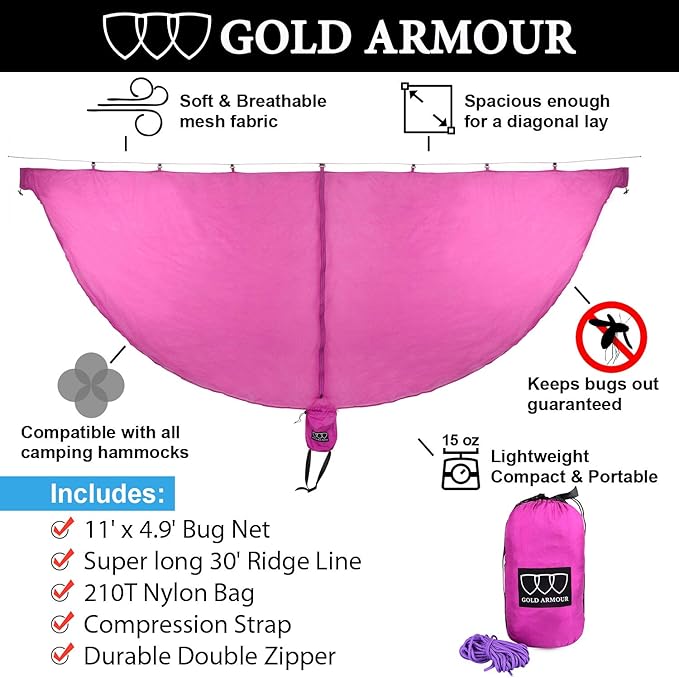 Gold Armour Hammock Bug Net - Mosquito Net for Hammocks - Premium Quality, Mesh Hammock Netting, Camping Accessories for Camping Hammock - Essential Camping Gear