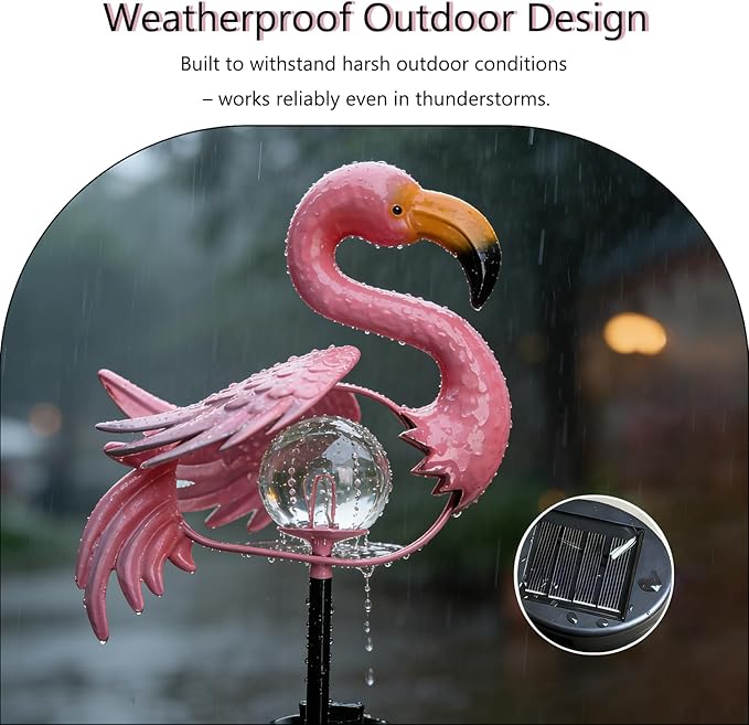 Pink Flamingo Lawn Light Garden Decor Solar Lights, for Yard Outdoor Decorations Ground Inserted Outdoor Waterproof Garden Lamp with Crackle Glass Ball LED (Warm White)