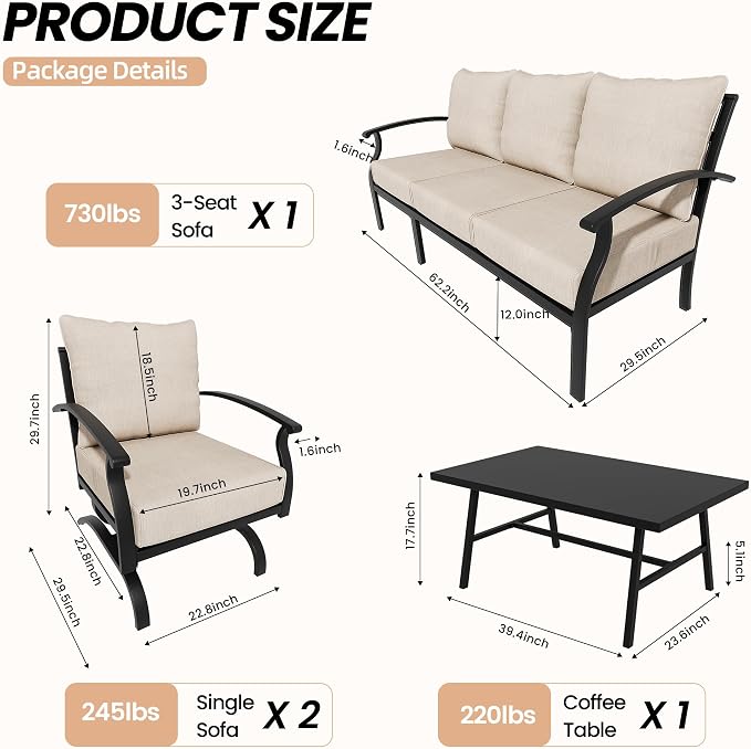 Metal Patio Furniture Set, 4 Piece Outdoor Sectional Conversation Sofa Set, 3-Seat Sofa w/2 Single Sofas and Coffee Table, Garden, Porch, Balcony, Deck, Sand