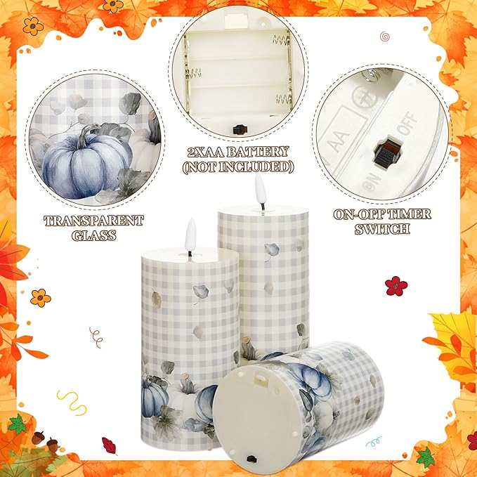 Tuanse 3 Pcs Thanksgiving Fall Flameless Candles Maple Leaf LED Candle Lights Battery Operated Candles Mixed Size Flickering LED Light for Fall Thanksgiving Halloween Harvest(Pumpkin)