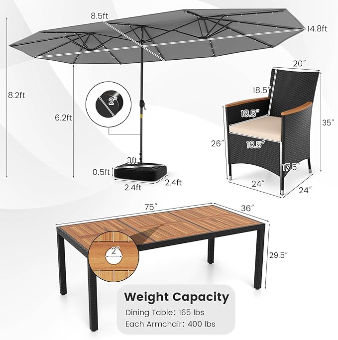 Tangkula 11 Pieces Patio Dining Set with Double-Sided Led Patio Umbrella (Base Included), with 8 Stackable Chairs, Acacia Wood Dining Table and Large Umbrella with Solar Lights (Grey + Off White)