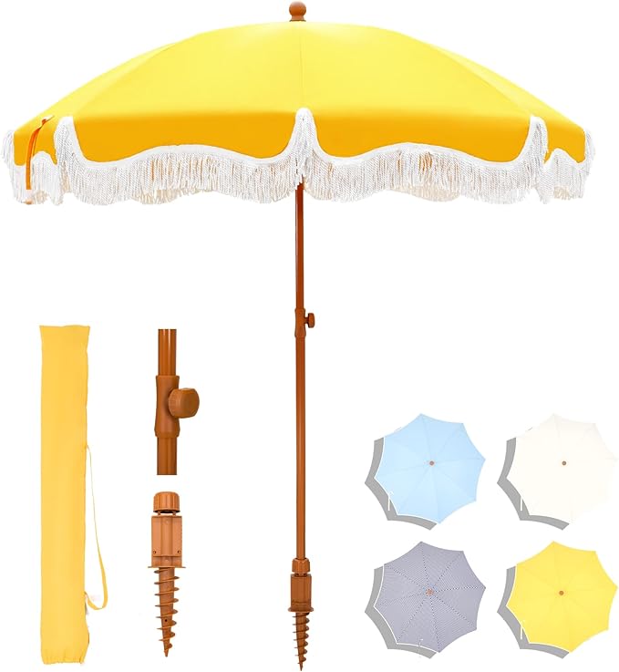 MFSTUDIO 7ft Beach Umbrella with Fringe, Tassel Umbrellas UPF50+ with Tilt Button & Crank, Holiday Outdoor Umbrella with Carry Bag, Ideal for Garden Lawn Poolside, Gold Yellow