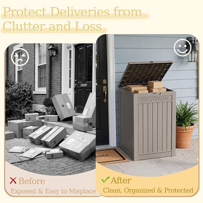 Outdoor Storage Box, 70 Gallon Package Delivery Boxes for Outside, with Lockable Secure, Deck Box Outdoor Waterproof for Entryway, Front Porch, Backyard, Garden, Patio, Lawn, Grey