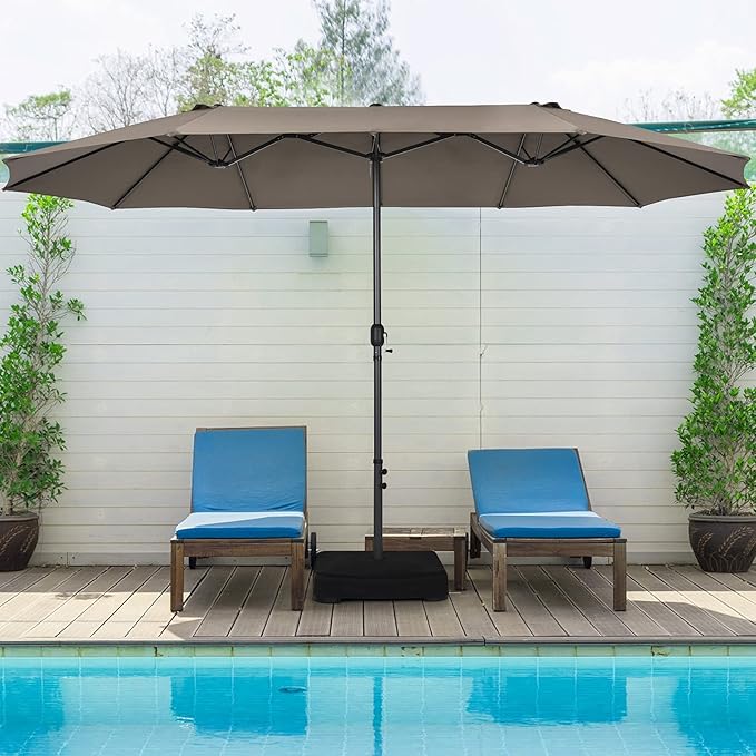 Tangkula 15FT Double-Sided Patio Umbrella, Outdoor Market Umbrella W/Hand-Crank System & Enhanced Base, Ultra-Large Twin Garden Umbrella W/ 12-Rib Structure for Residential & Commercial Use (Coffee)