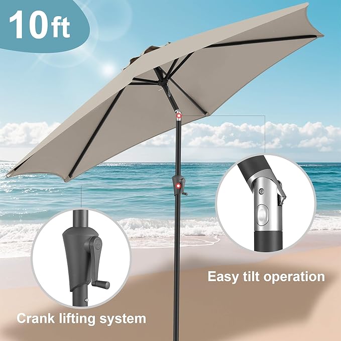 FLAME&SHADE 10ft Patio Umbrella - Outdoor Umbrella with 6 Sturdy Ribs, Push Button Tilt and Crank, UV Protection Table Market Umbrella for Pool, Porch, Garden, Deck, Backyard (Taupe)