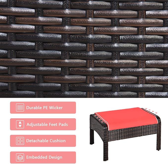 HAPPYGRILL 5PCS Patio Furniture Set Outdoor Rattan Wicker Conversation Set with Coffee Table Cushioned Sofas and Ottoman Chat Set for Garden Backyard