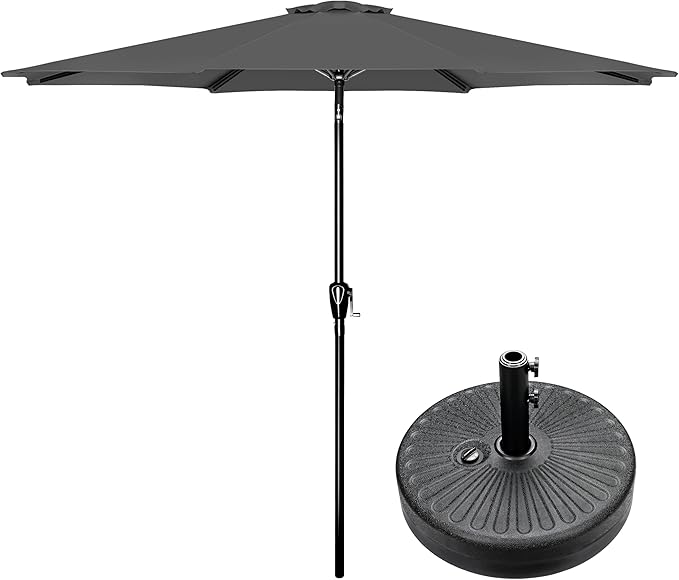 Simple Deluxe 9FT Outdoor Patio Umbrella Table Market Umbrella with Push Button Tilt and Crank and 50lbs Base Stand, for Garden, Lawn, Deck, Backyard, Pool, Grey